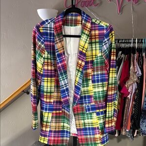 Blue and Yellow Plaid Blazer with Classic Lapel